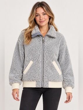 Anthropologie Plush Sherpa Zip Jacket in Light Gray with Cream Trim